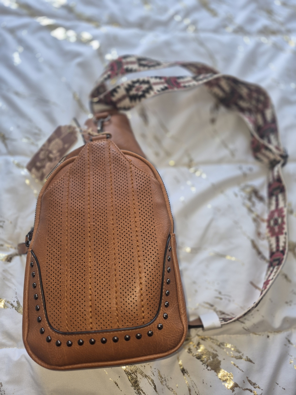 Perforated Tan Leather Crossbody Sling Bag with Stud Detail